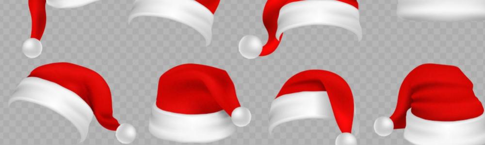 an array of Santa’s hats on a grey background