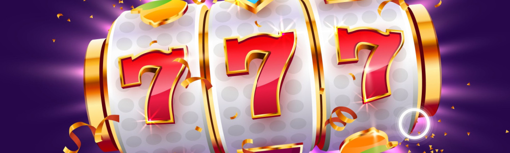 3 reel slot showing 777 with stars and confetti flying around on a purple background.