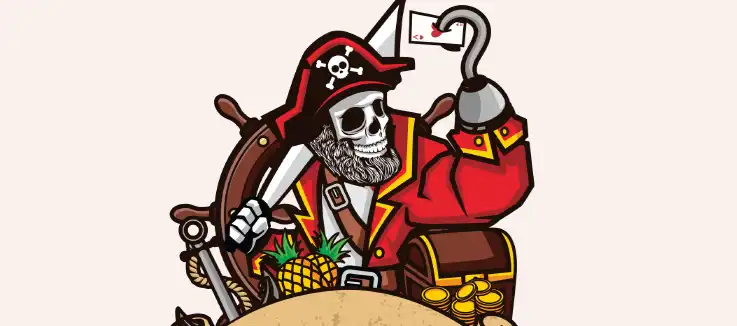 pirate logo with a hooked hand holding a card