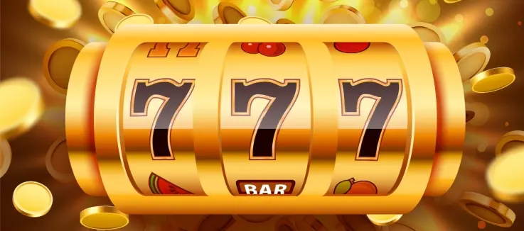 a golden three reel slot with coins flying all around