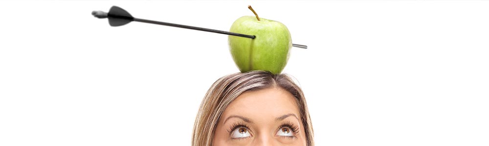 woman with an apple on her head that’s been pierced by a bow