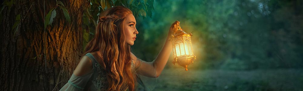 princess walks with a lantern through a dark forest