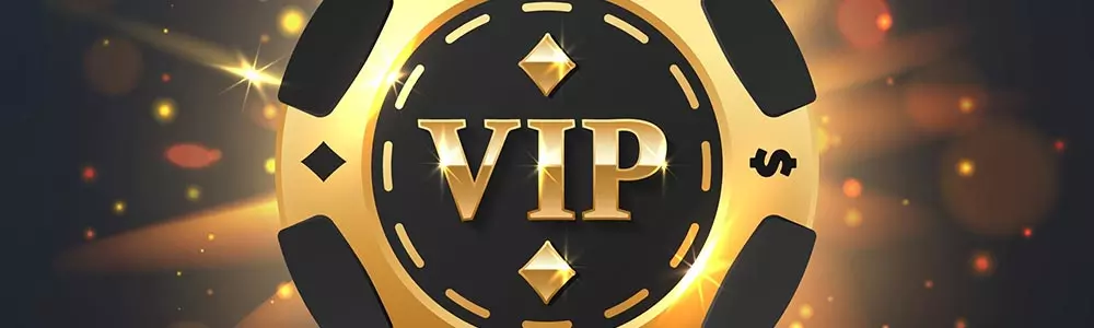 VIP logo on a poker chip with a crown above in black and gold