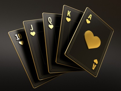 Poker hand 10, J, Q, K, A on gold and black cards on a black background